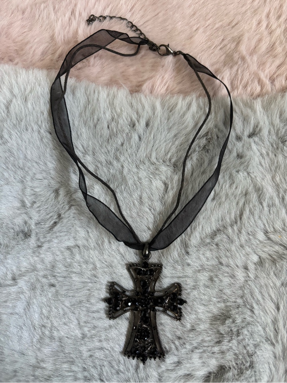 Black rhinestone cross mesh organza ribbon choker necklace